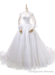 White Ball Gown Off The Shoulder Long Sleeve Appliques Wedding Dress