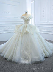 White Ball Gown Tulle Sequins Appliques Off the Shoulder Wedding Dress