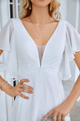 White Chiffon Prom Dresses V-Neck Chiffon A-Line Sequin Floor Length Long Dress with Flared Sleeves