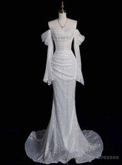 White Mermaid Sequins Long Sleeve Wedding Dress