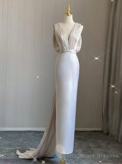 White Mermaid V-neck Backless Pleats Wedding Dress