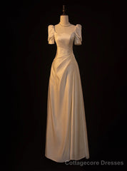 White Satin Short Sleeve Square Wedding Dress