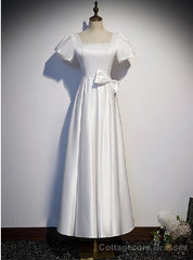 White Satin Square Puff Sleeve Bow Prom Dress