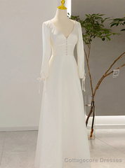 White Satin V-neck Backless Long Sleeve Wedding Dress