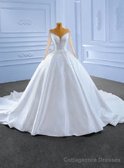 White See-through Neck Satin Long Sleeve Beading Sequins Wedding Dress