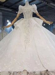 White Square Puff Sleeve Beading Sequins Wedding Dress