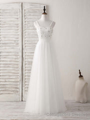 White Sweetheart Neck Tulle Beads Long Prom Dress White Evening Dress