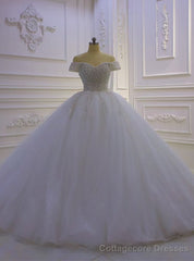 White Tulle Sequins Pearls Off the Shoulder Wedding Dress