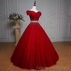Wine Red Ball Gown Off Shoulder Beaded Party Dress, Tulle Off Shoulder Prom Dress