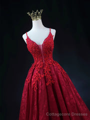 Wine Red Lace Applique Straps V-neckline Party Dress, Floor Length Wine Red Prom Dress