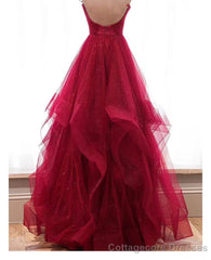 Wine Red Layers Tulle V-neckline Straps Formal Dress, Wine Red Evening Dress Party Dress