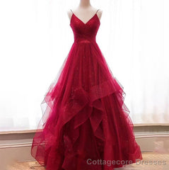 Wine Red Layers Tulle V-neckline Straps Formal Dress, Wine Red Evening Dress Party Dress