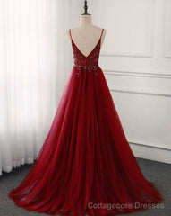 Wine Red Long Tulle V-neckline Beaded Junior Prom Dress, Dark Red Party Dress