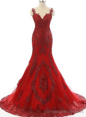 Wine Red Mermaid Long Party Dress with Lace Applique, Wine Red Formal Dresses