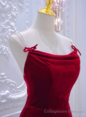 Wine Red Mermaid Straps Long Evening Dress, Wine Red Velvet Party Dress