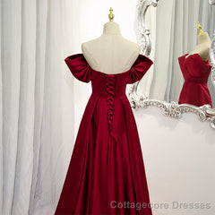 Wine Red Satin A-line Floor Length Party Dresses, Burgundy Long Formal Dresses