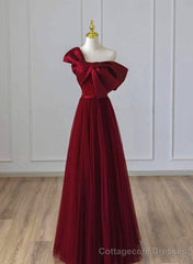 Wine Red Satin and Tulle A-line Simple Prom Dress, Floor Length Party Dress