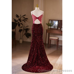 Wine Red Sequins Mermaid Long Formal Dress, Wine Red Evening Dress Party Dress