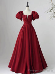 Wine Red Short Sleeves A-line Floor Length Party Dress, Long Prom Dress