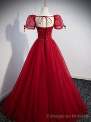 Wine Red Tulle A-line Beaded Long Prom Dress, Wine Red Formal Dress Party Dress