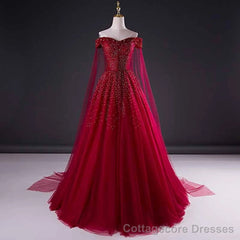 Wine Red Tulle Beaded Tulle Sparkle Long Prom Dress, Dark Red Sweet 16 Gown