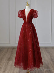 Wine Red Tulle Cap Sleeves Bridesmaid Dress, Wine Red Long Prom Dress