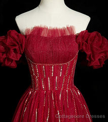 Wine Red Tulle Short Sleeves Beaded Party Dress, A-line Wine Red Prom Dress