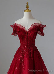 Wine Red Tulle with Sequins and Lace Party Dress, Wine Red A-line Prom Dress