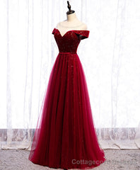Wine Red Tulle with Velvet Long Party Dress, Wine Red Formal Dress Prom Dress