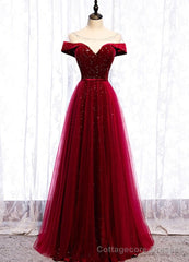 Wine Red Tulle with Velvet Long Party Dress, Wine Red Formal Dress Prom Dress