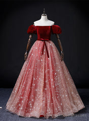 Wine Red Velvet and Pink Tulle Off Shoulder Formal Dress, Pink Sweet 16 Dresses