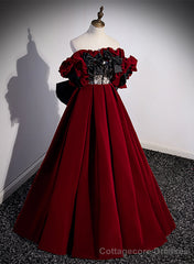 Wine Red Velvet Off Shoulder Party Dress, A-line Floor Length Prom Dress