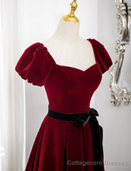 Wine Red Velvet Short Sleeves A-line Prom Dress, Wine Red Long Party Dress