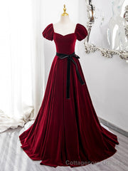 Wine Red Velvet Short Sleeves A-line Prom Dress, Wine Red Long Party Dress