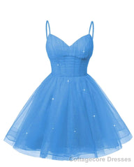 Womens V Neck Tulle Spaghetti Straps Blue Homecoming Dresses with Corset Back Short Prom Gowns for Teens