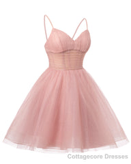 Womens V Neck Tulle Spaghetti Straps Burnt Orange Homecoming Dresses with Corset Back Short Prom Gowns for Teens