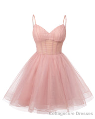 Womens V Neck Tulle Spaghetti Straps Coral Homecoming Dresses with Corset Back Short Prom Gowns for Teens