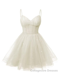 Womens V Neck Tulle Spaghetti Straps Ivory Homecoming Dresses with Corset Back Short Prom Gowns for Teens