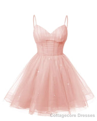 Womens V Neck Tulle Spaghetti Straps Pearl Pink Homecoming Dresses with Corset Back Short Prom Gowns for Teens