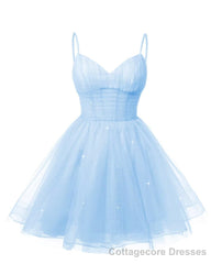 Womens V Neck Tulle Spaghetti Straps Sky Blue Homecoming Dresses with Corset Back Short Prom Gowns for Teens
