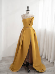 Yellow Satin Backless Beading Prom Dress