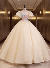 Yellow Tulle Puff Sleeve Appliques Quinceanera Dress