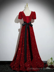 Burgundy V-Neck Sequins Long Prom Dress, A-Line Evening Party Dress with Bow