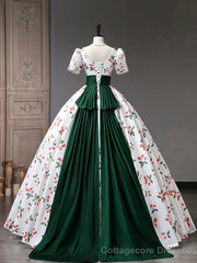 Beautiful Cherry Pattern Long Princess Prom Dress, White A-Line Short Sleeve Evening Party Dress